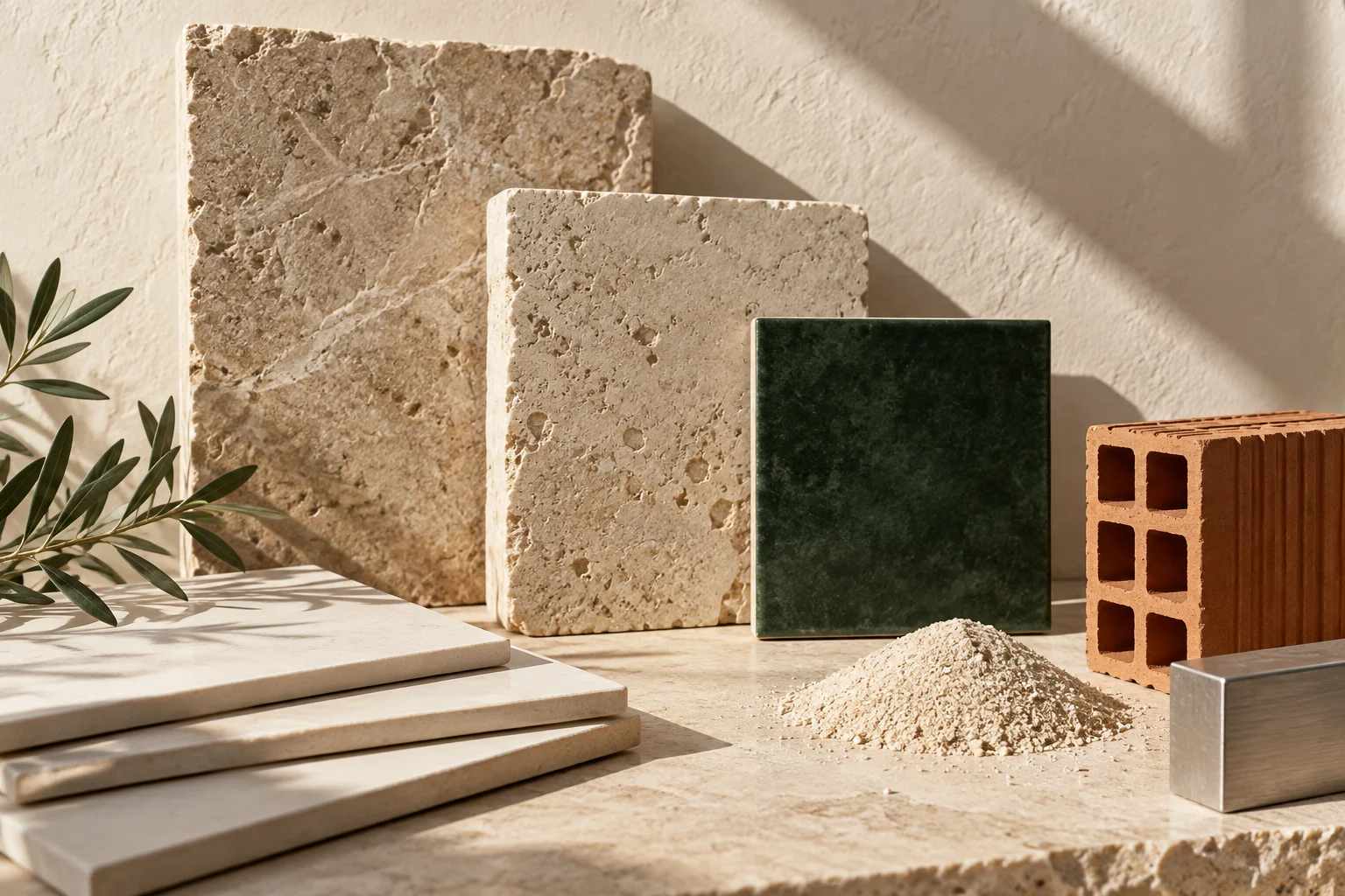 Composición ilustrativa de piedra, cerámica y ladrillo con texturas naturales.